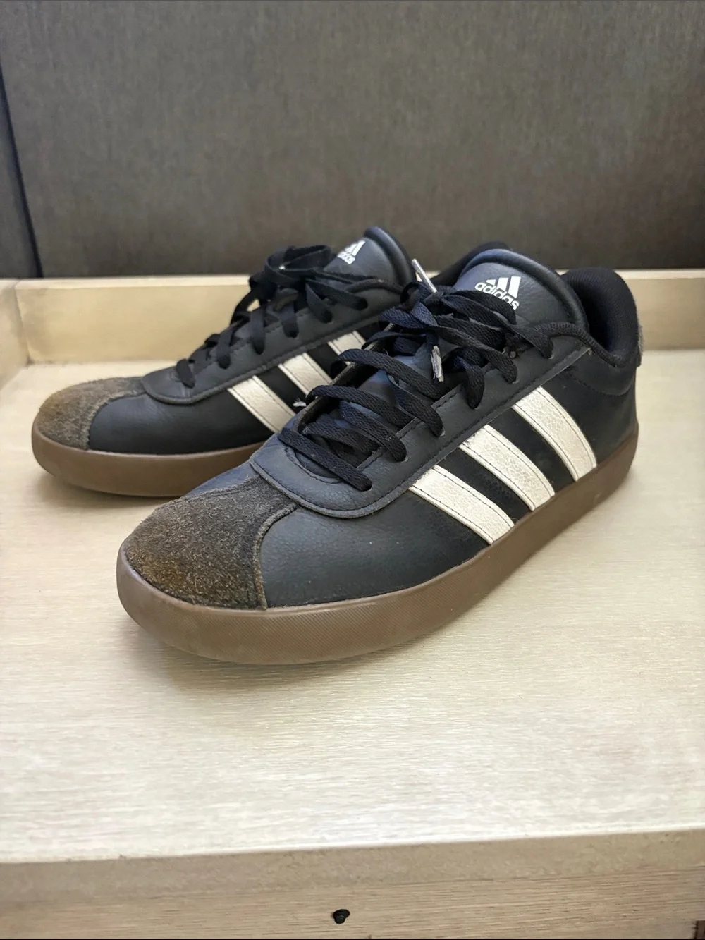 adidas Black Sneakers with White Stripes and Brown Gum Sole